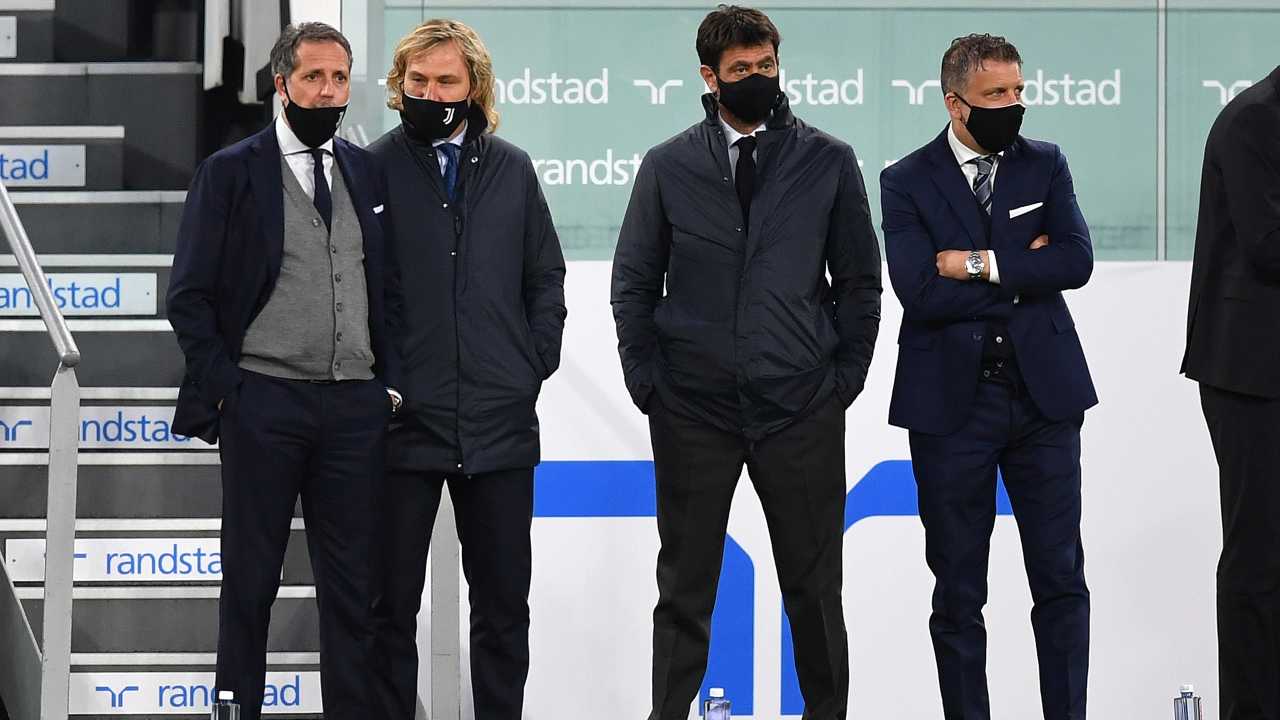 Paratici, Nedved, Agnelli e Cherubini pensierosi