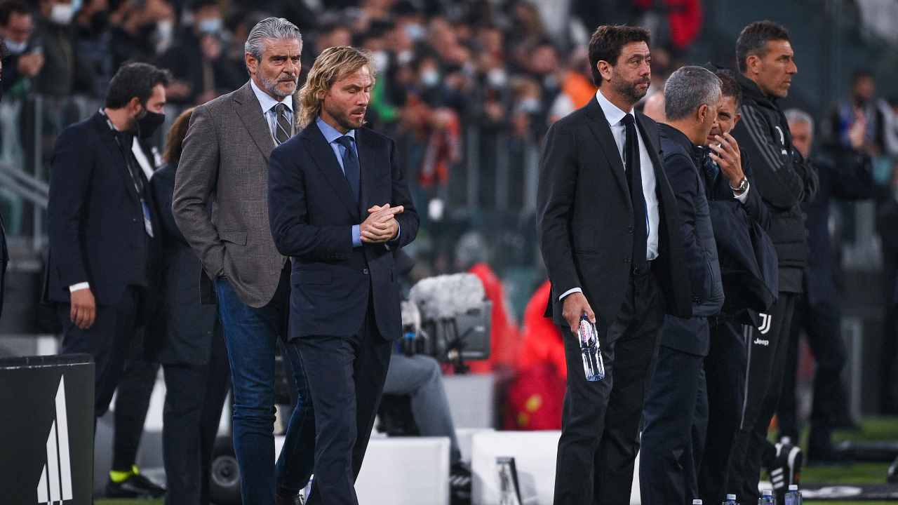 Maurizio Arrivabene, Pavel Nedved, Andrea Agnelli guardano da bordocampo Juventus