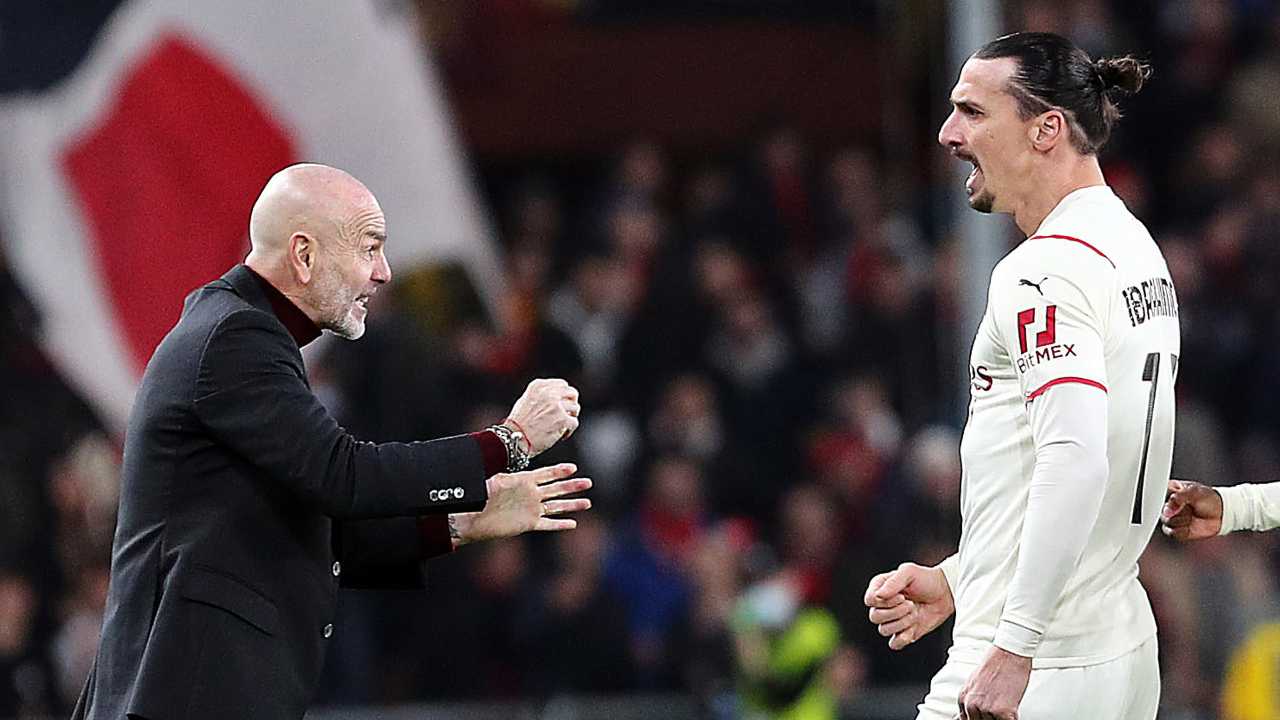 Ibrahimovic e Pioli festeggiano dopo il gol Milan