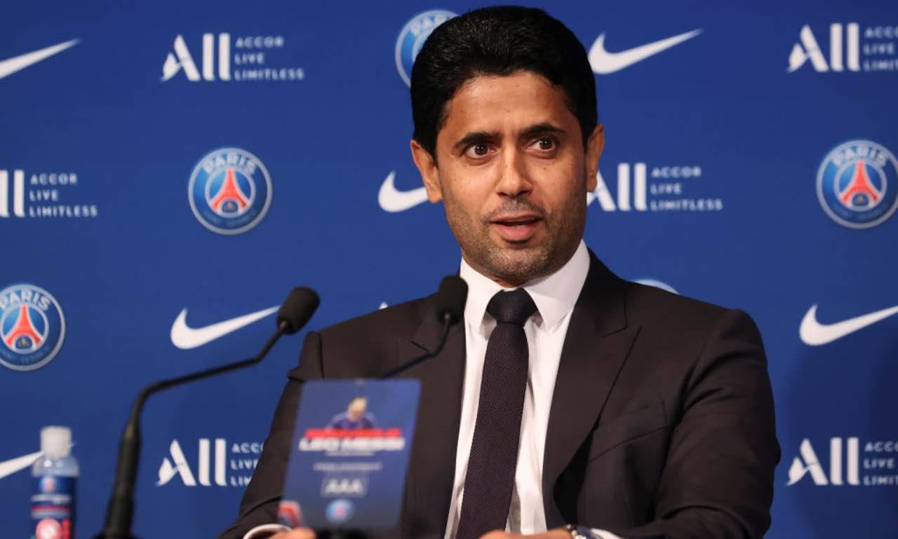 PSG, il presidente Nasser Al Khelaifi durante la presentazione di Messi