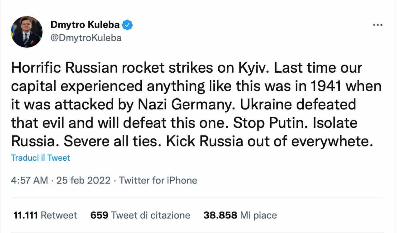 Ucraina, il tweet del ministro Kuleba