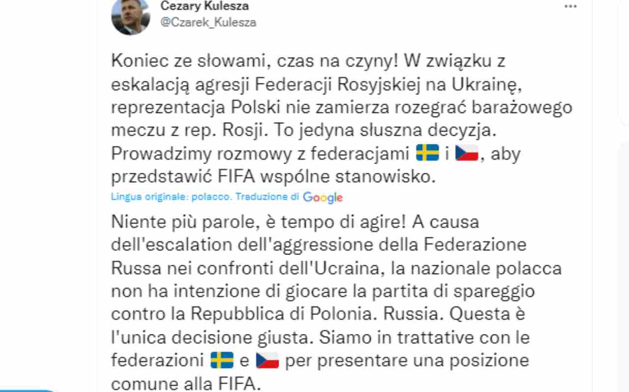 Mondiali, il tweet di Cezary Kulesza