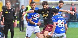 Samp-Salernitana, Fazio a contrasto con Quagliarella e Candreva