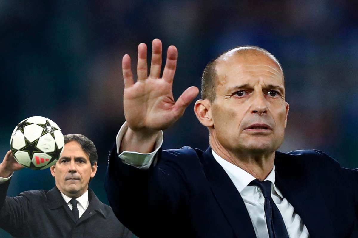 Massimiliano Allegri con la mano alzata e Simone Inzaghi che ferma un pallone