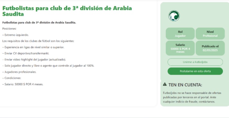 Annuncio dall'Arabia Saudita su FutbolJobs