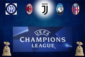 logo Champions League, logo Inter, logo Milan, logo Juve, logo Atalanta, logo Bologna