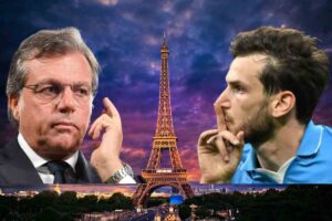 Cristiano Giuntoli e Kvicha Kvaratskhelia con la Tour Eiffel sullo sfondo