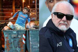 un cartonato di Kvicha Kvaratskhelia gettato nell'immondizia a Napoli e un'immagine di Aurelio De Laurentiis in occhiali da sole