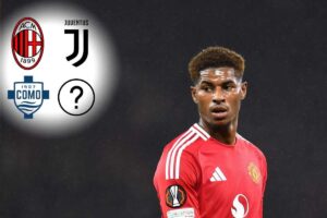 Marcus Rashford con gli scudetti di Milan Juventus Como e un punto interrogativo