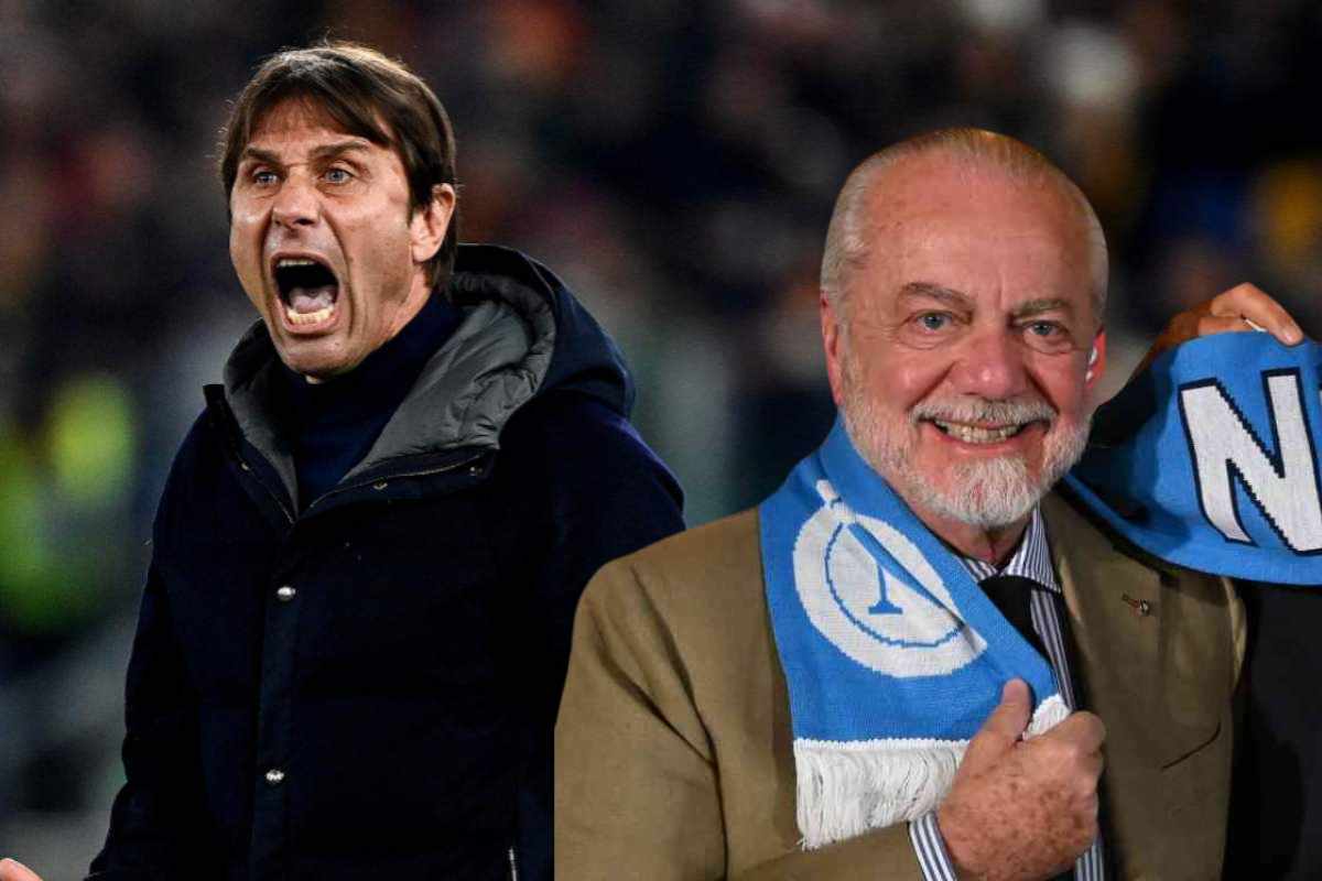 Antonio Conte arrabbiato e Aurelio De Laurentiis sorridente