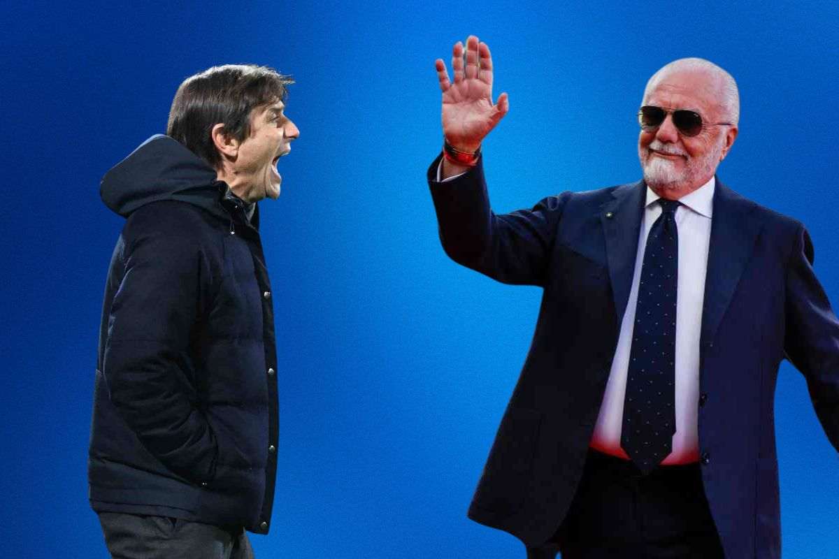 Antonio Conte arrabbiato e Aurelio De Laurentiis in occhiali da sole che saluta