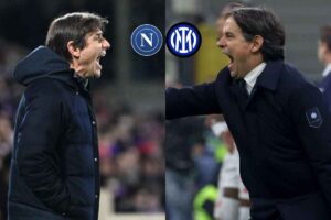 Antonio Conte e Simone Inzaghi in due primi piani in cui urlano