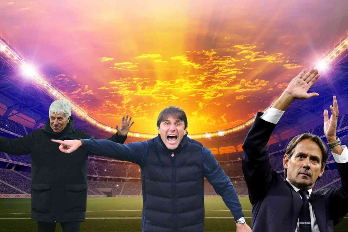 Gasperini Conte Inzaghi fotomontaggio in uno stadio al tramonto