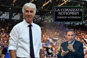 Gian Piero Gasperini, Massimo Mauro e alle spalle uno schermo con su scritto "La corazzata Kotiomkin"