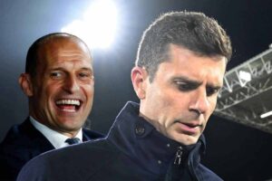 Massimiliano Allegri che ride e Thiago Motta a testa bassa