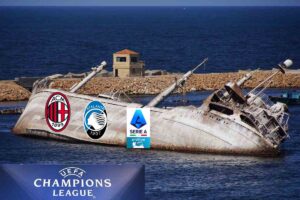 Nave affonda con loghi Atalanta, Milan e Serie A