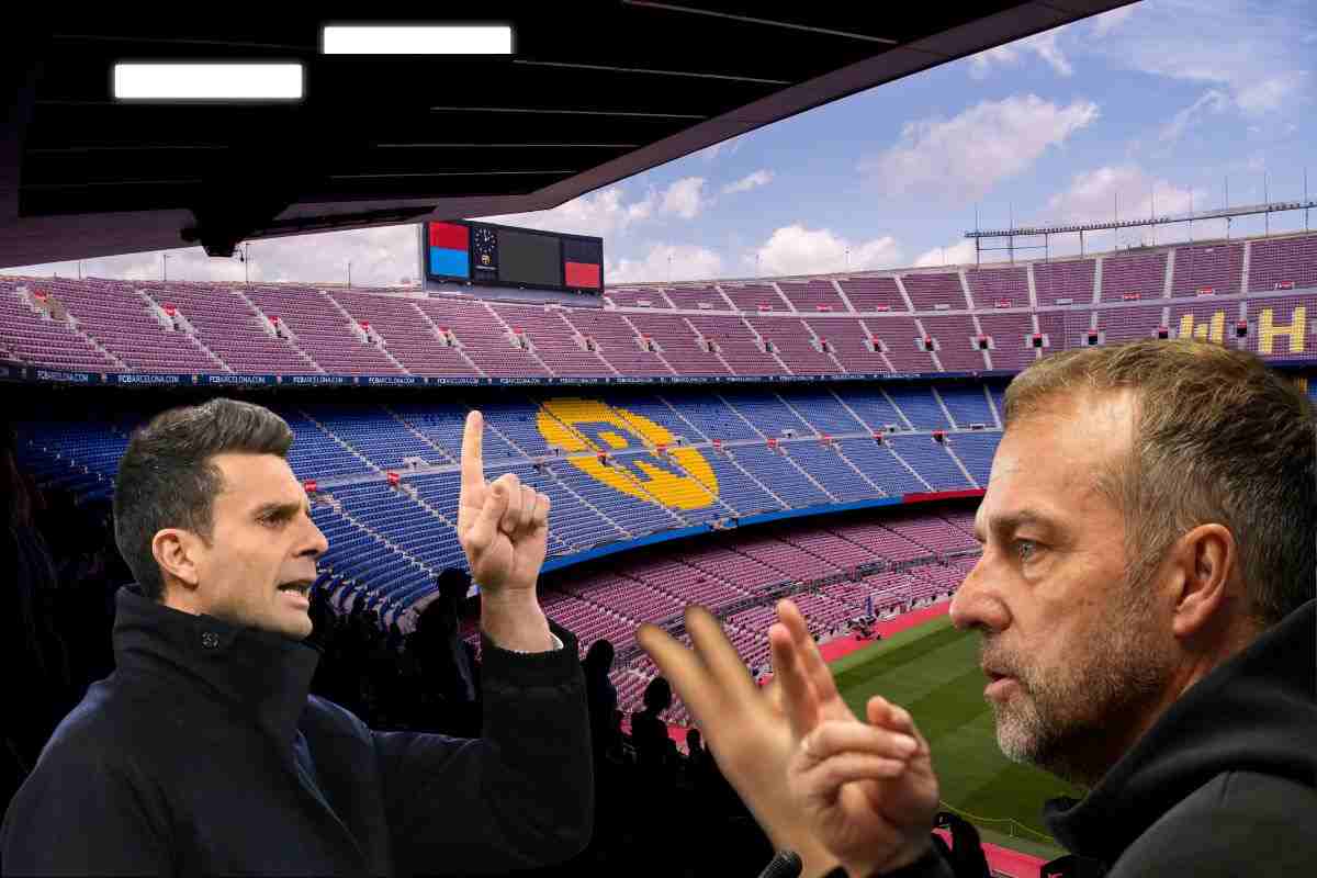 Thiago Motta e Hansi Flick con il Camp Nou sullo sfondo