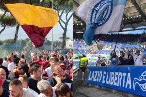 Tifosi di Roma e Lazio con le bandiere