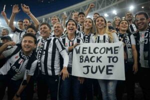 Tifosi con striscione bentornato alla Juve, immagine generata con AI