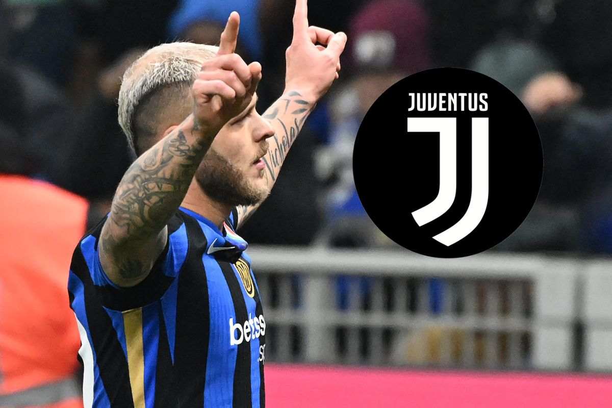 Federico Dimarco, terzino dell'Inter, e il logo della Juventus