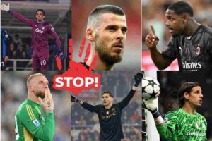 Carnesecchi De Gea Maignan Di Gregorio Meret Sommer e mano con scritta STOP